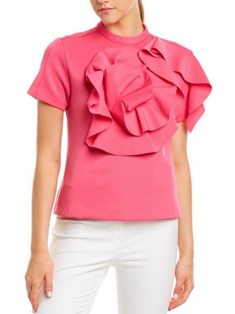 Gracia Flower Pleated Fuchsia Short-Sleeve Top Ruffle Detail